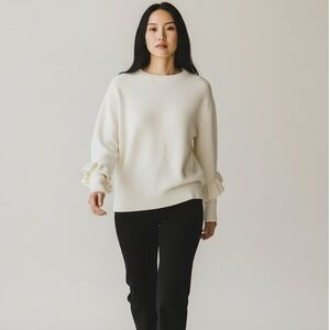 Nicole Miller Studio Knit Sweater Cream Crew Neck Ruffle Sleeve XL Coquette Chic